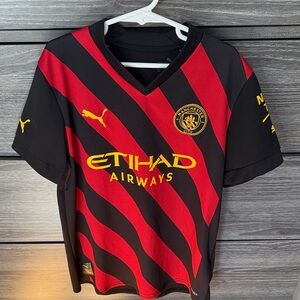 Manchester City Authentic Puma Kids Black and Red Striped Jersey youth Medium